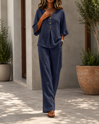 Women’s V-Neck Ruffled Sleeve Two-Piece Set – Loose Top & Wide-Leg Pants