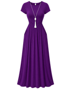 Women's Red Short Sleeve Maxi Dress with Pockets – Casual Long Dress