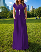 Women's Red Short Sleeve Maxi Dress with Pockets – Casual Long Dress