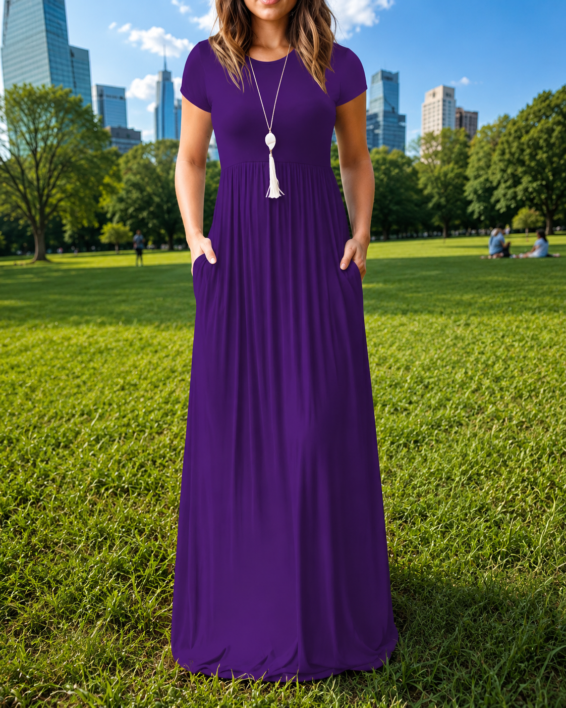 Women's Red Short Sleeve Maxi Dress with Pockets – Casual Long Dress