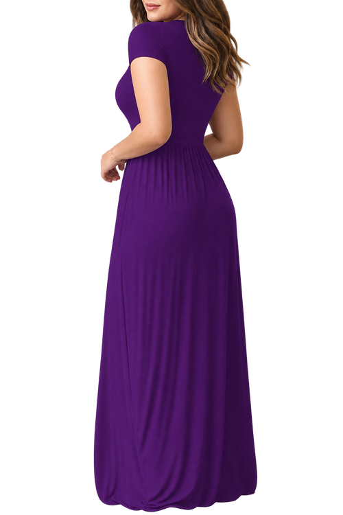 Women's Red Short Sleeve Maxi Dress with Pockets – Casual Long Dress