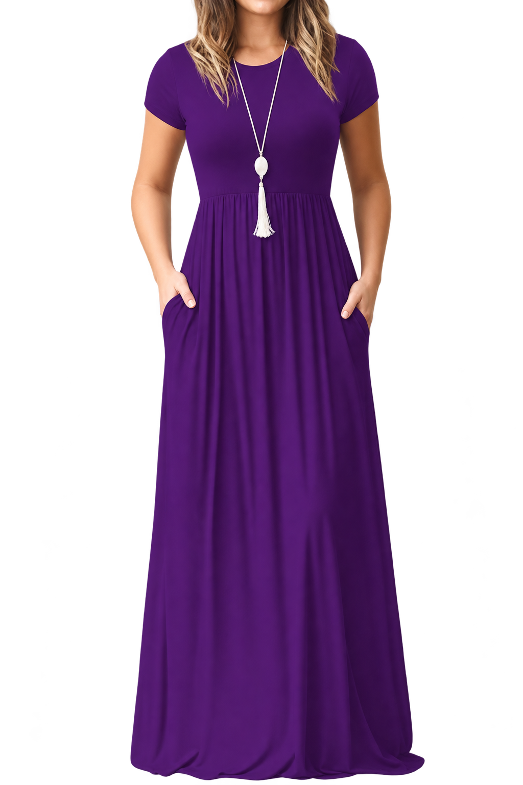Women's Red Short Sleeve Maxi Dress with Pockets – Casual Long Dress