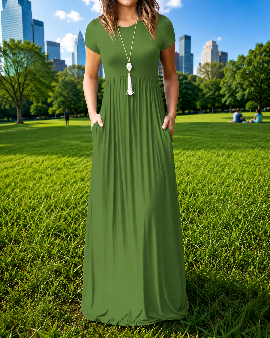 Women's Red Short Sleeve Maxi Dress with Pockets – Casual Long Dress
