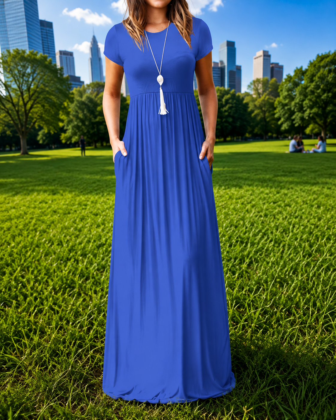 Women's Red Short Sleeve Maxi Dress with Pockets – Casual Long Dress