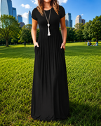 Women's Red Short Sleeve Maxi Dress with Pockets – Casual Long Dress