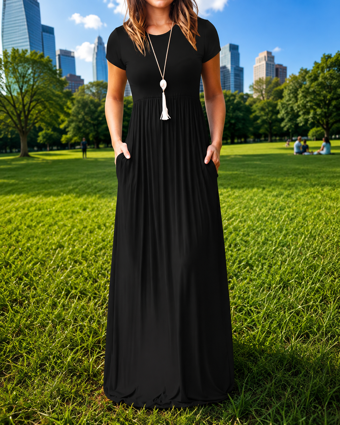 Women's Red Short Sleeve Maxi Dress with Pockets – Casual Long Dress