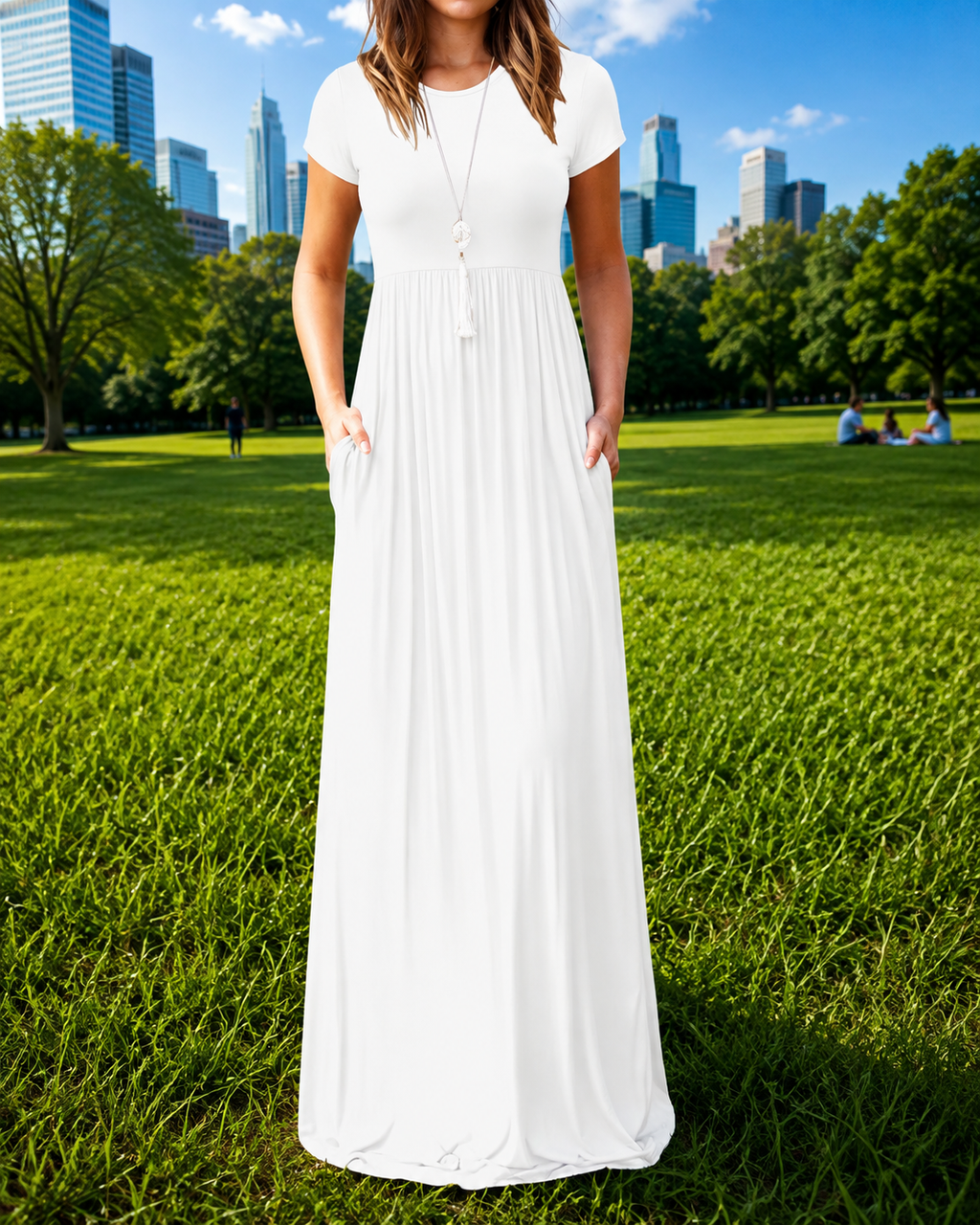 Women's Red Short Sleeve Maxi Dress with Pockets – Casual Long Dress