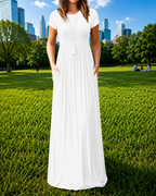 Women's Red Short Sleeve Maxi Dress with Pockets – Casual Long Dress
