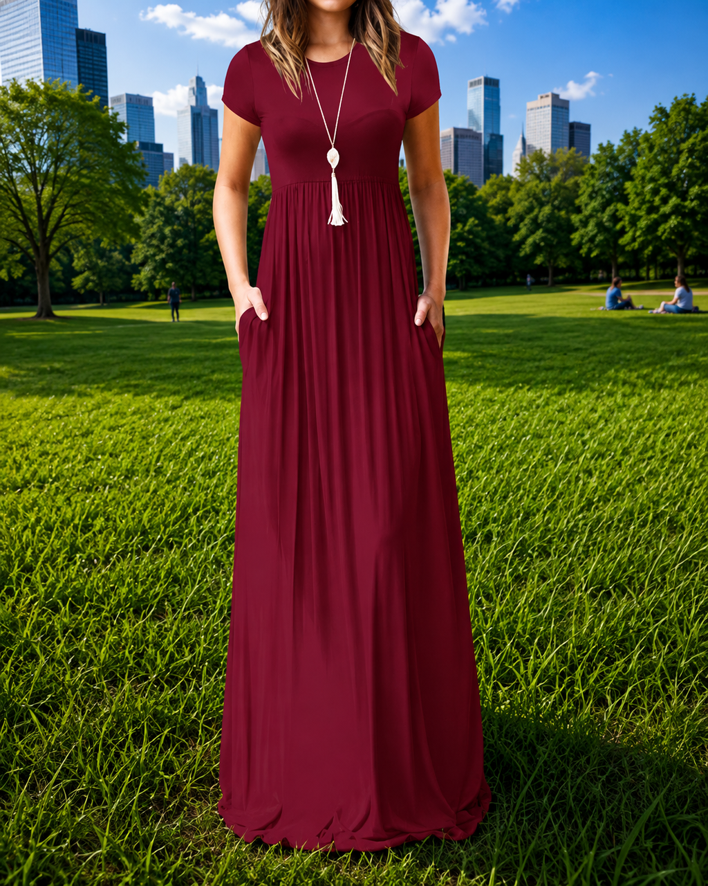 Women's Red Short Sleeve Maxi Dress with Pockets – Casual Long Dress