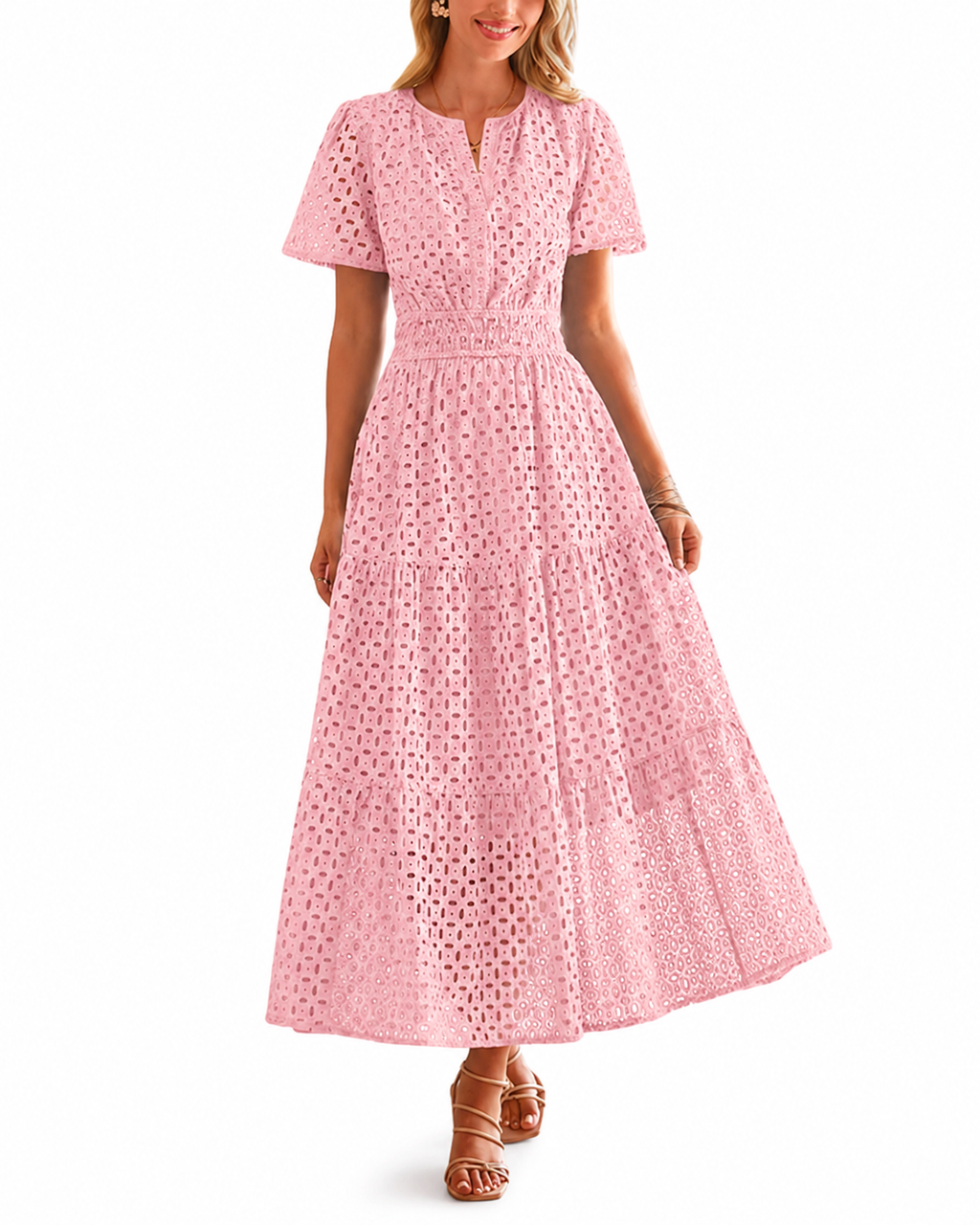 Women’s Eyelet Maxi Dress – V-Neck Short Sleeve A-Line Flowy Cotton Summer Dress