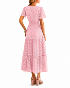 Women’s Eyelet Maxi Dress – V-Neck Short Sleeve A-Line Flowy Cotton Summer Dress
