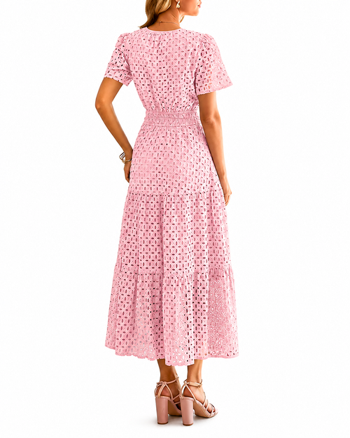 Women’s Eyelet Maxi Dress – V-Neck Short Sleeve A-Line Flowy Cotton Summer Dress