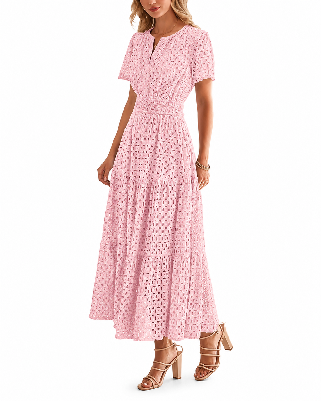 Women’s Eyelet Maxi Dress – V-Neck Short Sleeve A-Line Flowy Cotton Summer Dress
