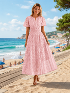 Women’s Eyelet Maxi Dress – V-Neck Short Sleeve A-Line Flowy Cotton Summer Dress