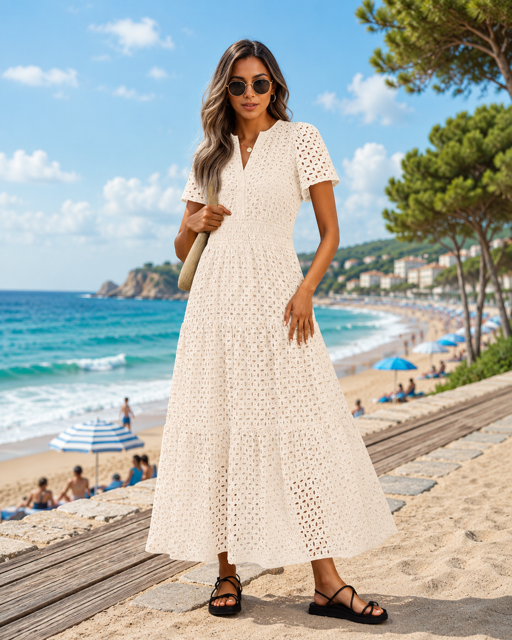 Women’s Eyelet Maxi Dress – V-Neck Short Sleeve A-Line Flowy Cotton Summer Dress