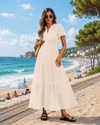Women’s Eyelet Maxi Dress – V-Neck Short Sleeve A-Line Flowy Cotton Summer Dress