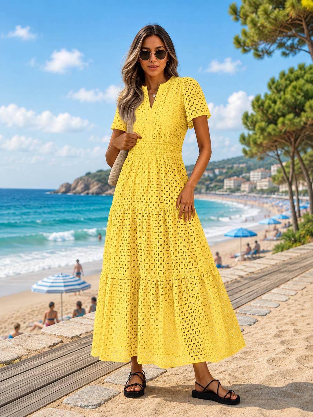 Women’s Eyelet Maxi Dress – V-Neck Short Sleeve A-Line Flowy Cotton Summer Dress
