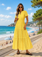 Women’s Eyelet Maxi Dress – V-Neck Short Sleeve A-Line Flowy Cotton Summer Dress
