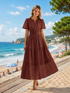 Women’s Eyelet Maxi Dress – V-Neck Short Sleeve A-Line Flowy Cotton Summer Dress
