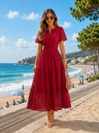 Women’s Eyelet Maxi Dress – V-Neck Short Sleeve A-Line Flowy Cotton Summer Dress