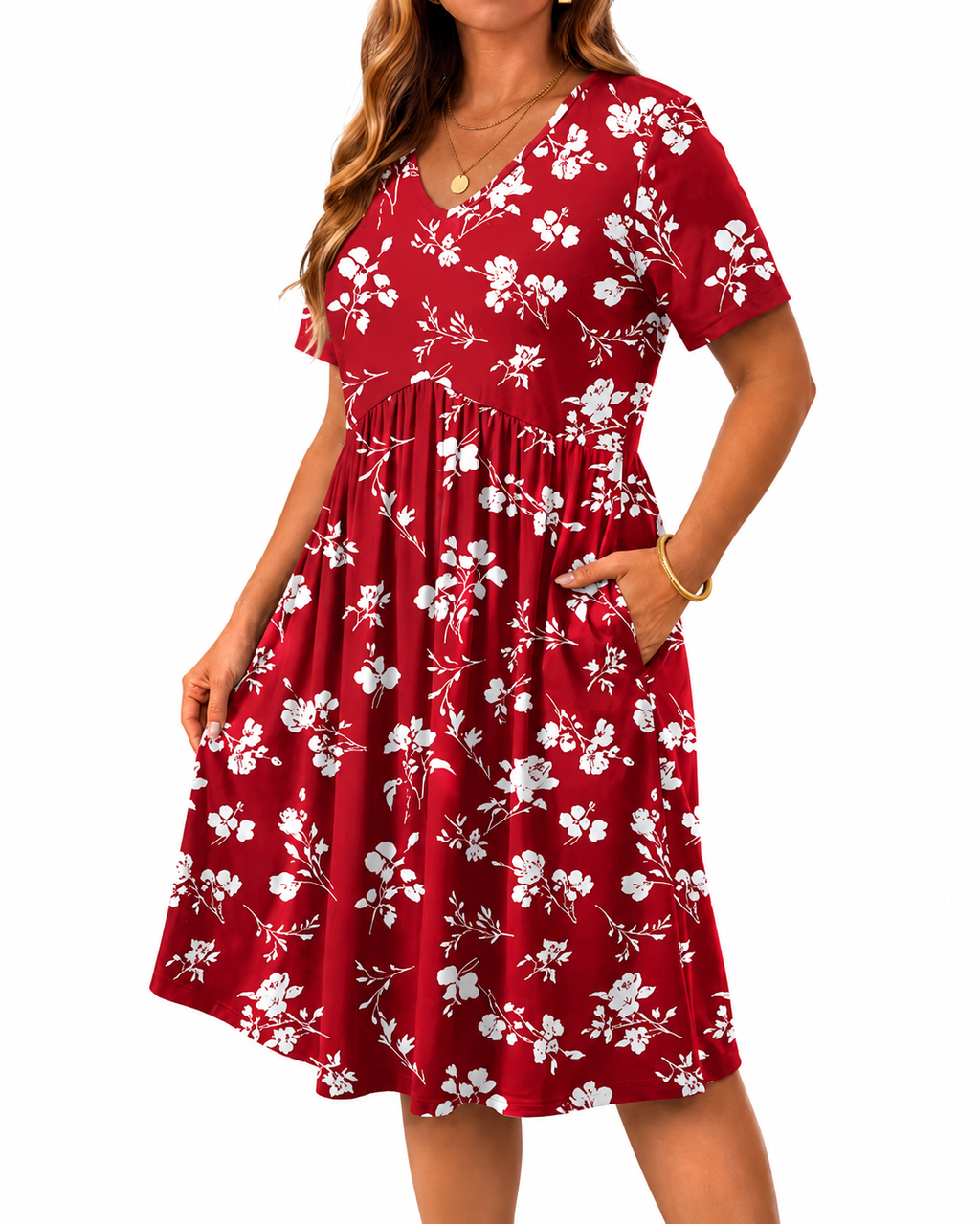 Plus Size Floral V Neck Midi Dress for Women with Pockets