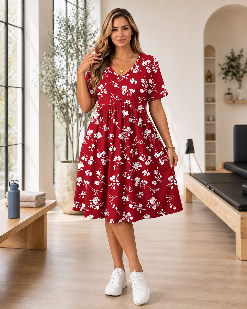 Plus Size Floral V Neck Midi Dress for Women with Pockets