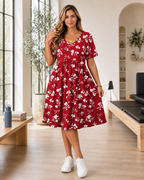 Plus Size Floral V Neck Midi Dress for Women with Pockets