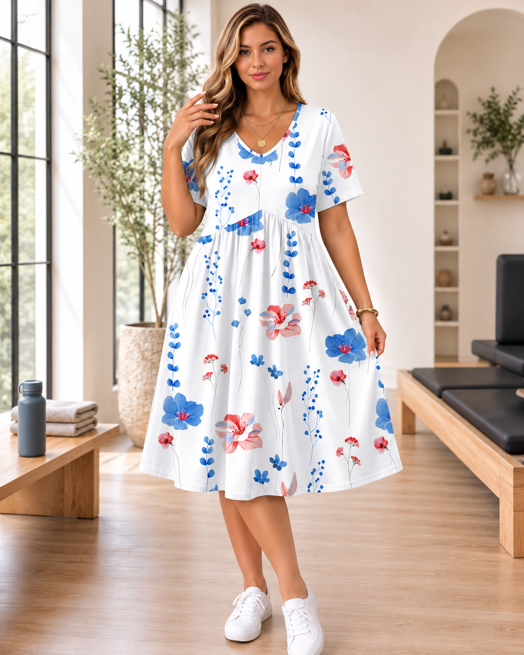 Plus Size Floral V Neck Midi Dress for Women with Pockets