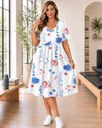 Plus Size Floral V Neck Midi Dress for Women with Pockets
