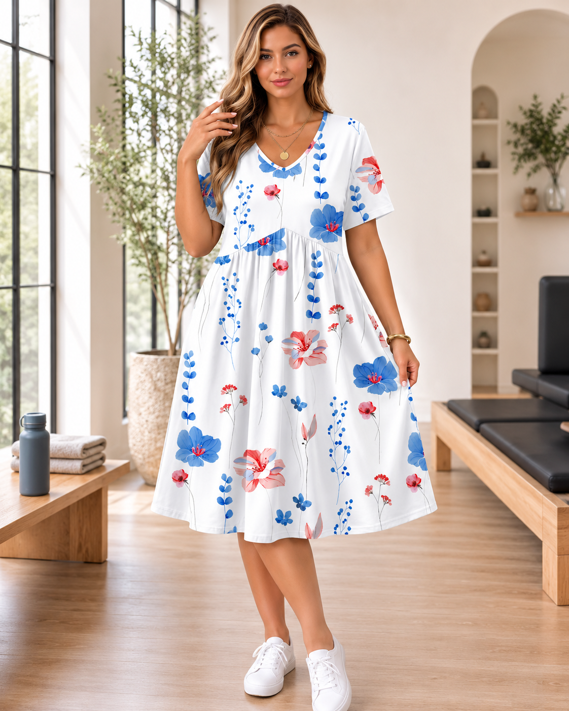 Plus Size Floral V Neck Midi Dress for Women with Pockets