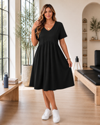 Plus Size Floral V Neck Midi Dress for Women with Pockets
