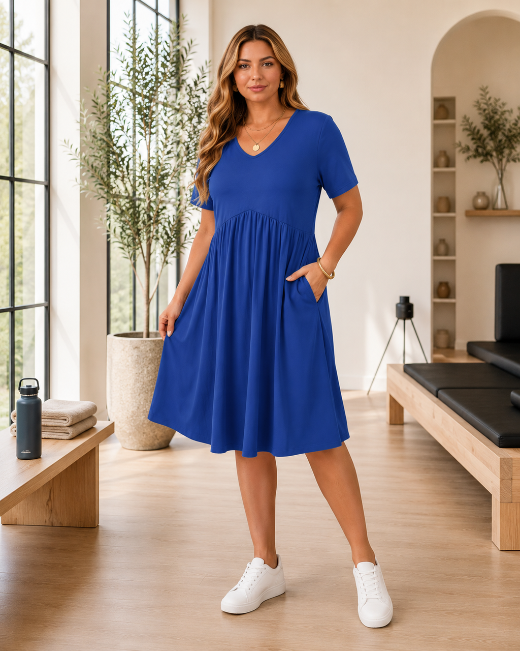 Plus Size Floral V Neck Midi Dress for Women with Pockets
