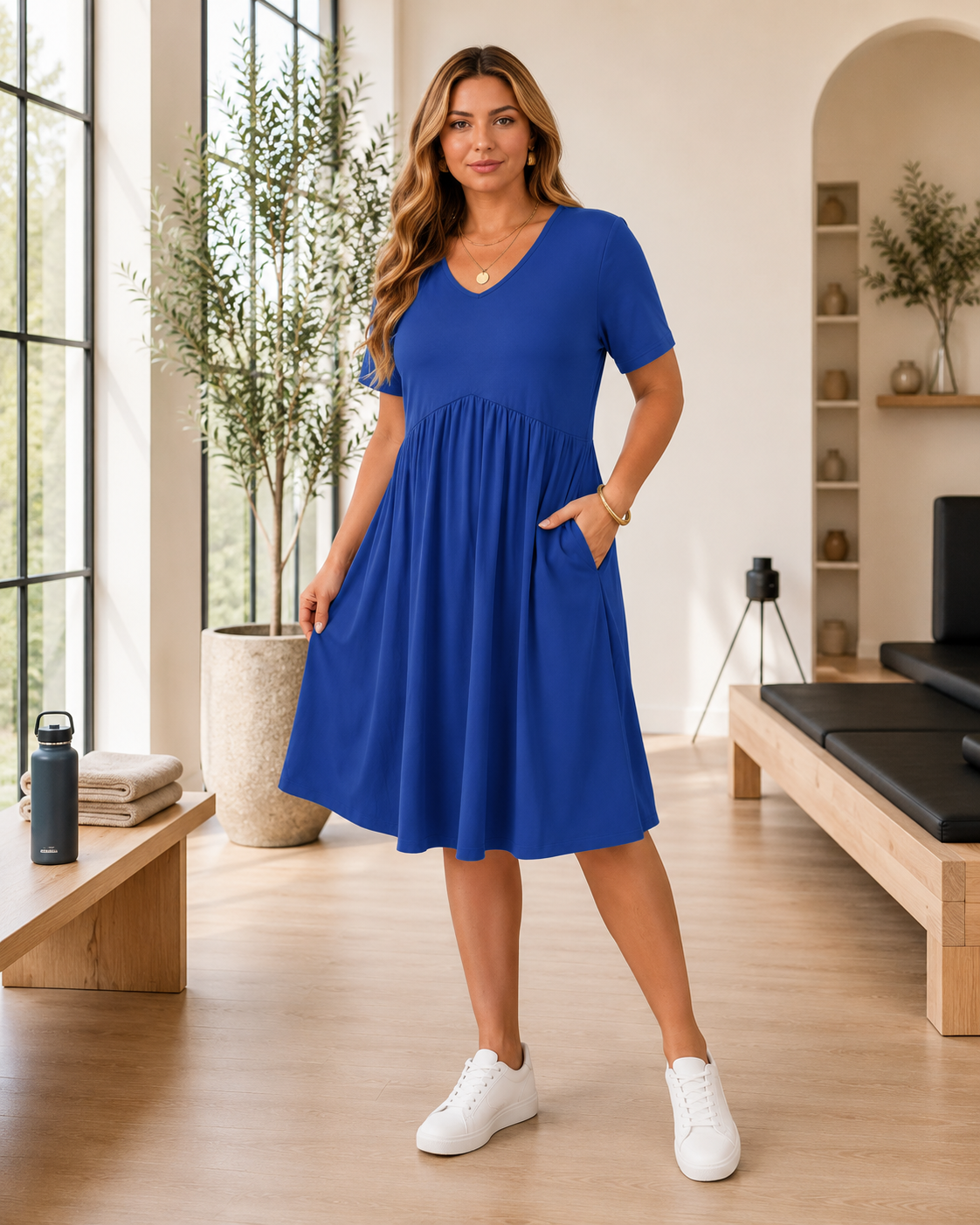 Plus Size Floral V Neck Midi Dress for Women with Pockets