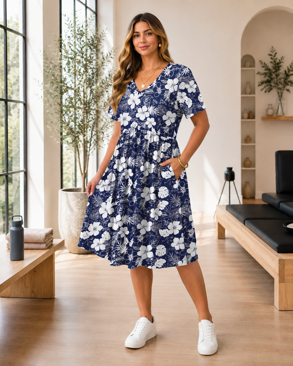 Plus Size Floral V Neck Midi Dress for Women with Pockets