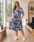 Plus Size Floral V Neck Midi Dress for Women with Pockets