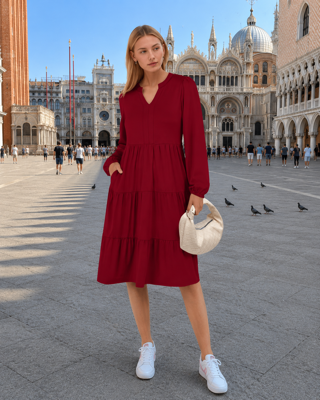 Women’s Fall Long Sleeve V-Neck Midi Dress – Casual Loose A-Line Tiered Swing Dress with Pockets
