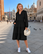 Women’s Fall Long Sleeve V-Neck Midi Dress – Casual Loose A-Line Tiered Swing Dress with Pockets