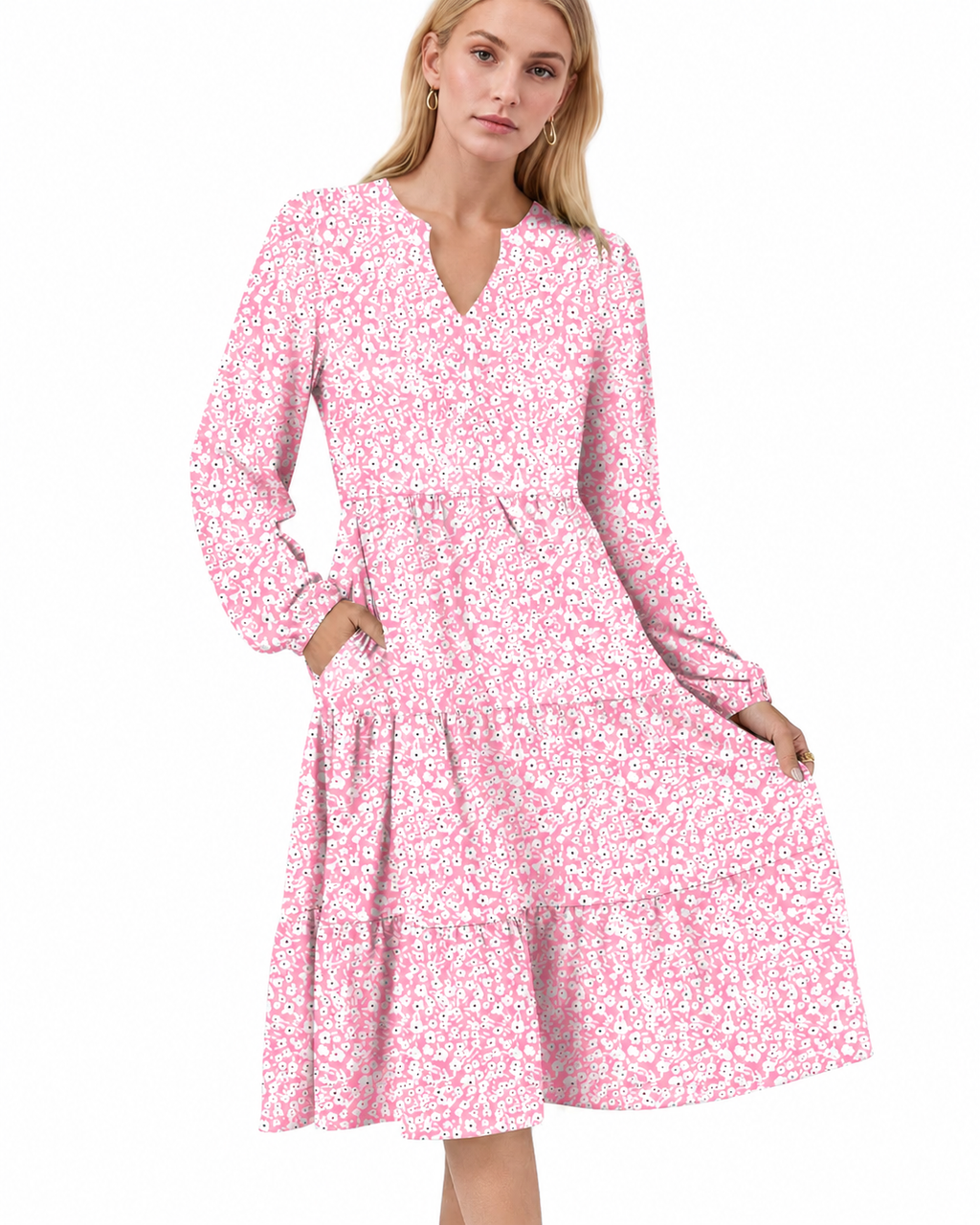 Women’s Fall Long Sleeve V-Neck Midi Dress – Casual Loose A-Line Tiered Swing Dress with Pockets