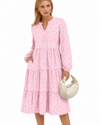 Women’s Fall Long Sleeve V-Neck Midi Dress – Casual Loose A-Line Tiered Swing Dress with Pockets
