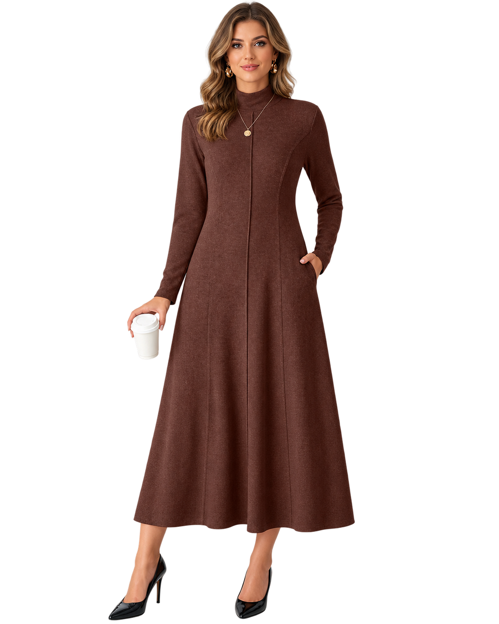 Women’s Long Sleeve Mock Neck Maxi Dress with Pockets – Casual A-Line Fall Dress, Soft Stretchy Ankle-Length Dress for Work