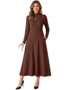 Women’s Long Sleeve Mock Neck Maxi Dress with Pockets – Casual A-Line Fall Dress, Soft Stretchy Ankle-Length Dress for Work