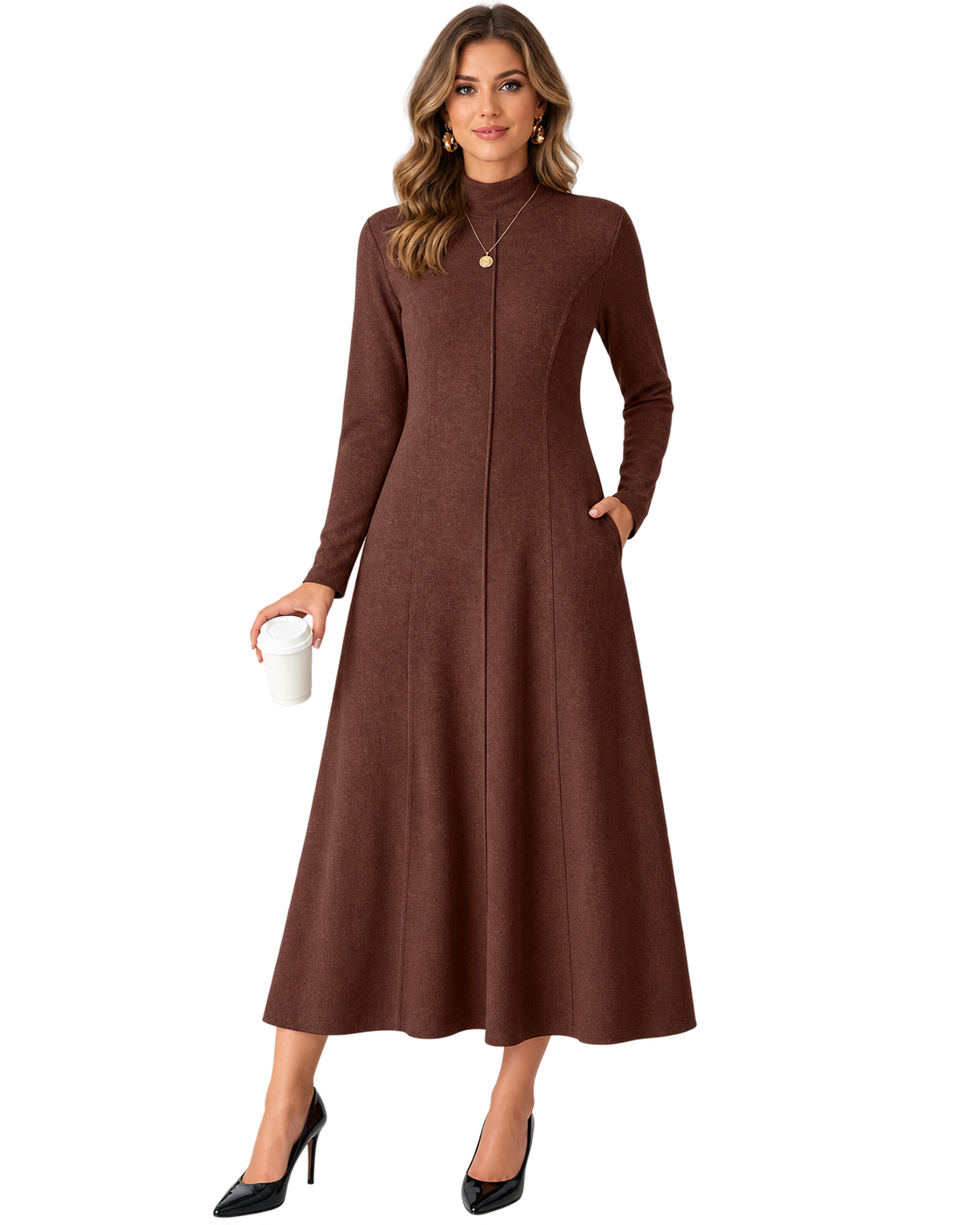 Women’s Long Sleeve Mock Neck Maxi Dress with Pockets – Casual A-Line Fall Dress, Soft Stretchy Ankle-Length Dress for Work