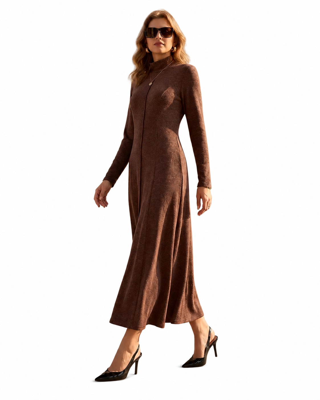 Women’s Long Sleeve Mock Neck Maxi Dress with Pockets – Casual A-Line Fall Dress, Soft Stretchy Ankle-Length Dress for Work