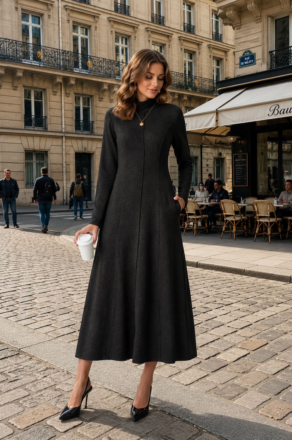 Women’s Long Sleeve Mock Neck Maxi Dress with Pockets – Casual A-Line Fall Dress, Soft Stretchy Ankle-Length Dress for Work