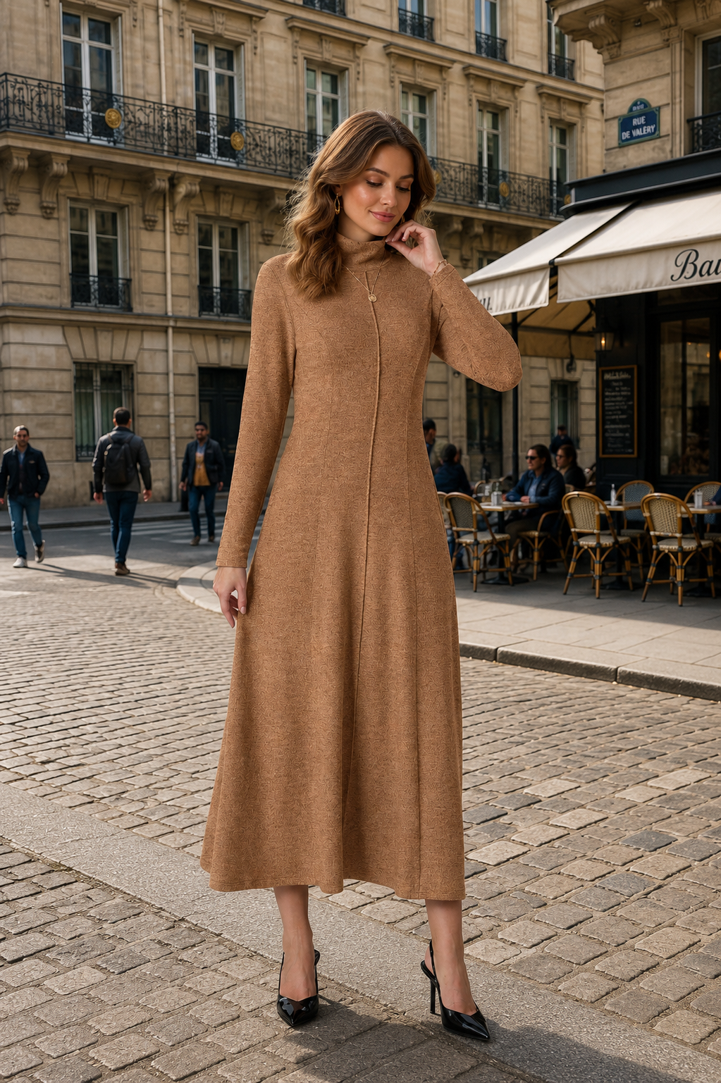Women’s Long Sleeve Mock Neck Maxi Dress with Pockets – Casual A-Line Fall Dress, Soft Stretchy Ankle-Length Dress for Work