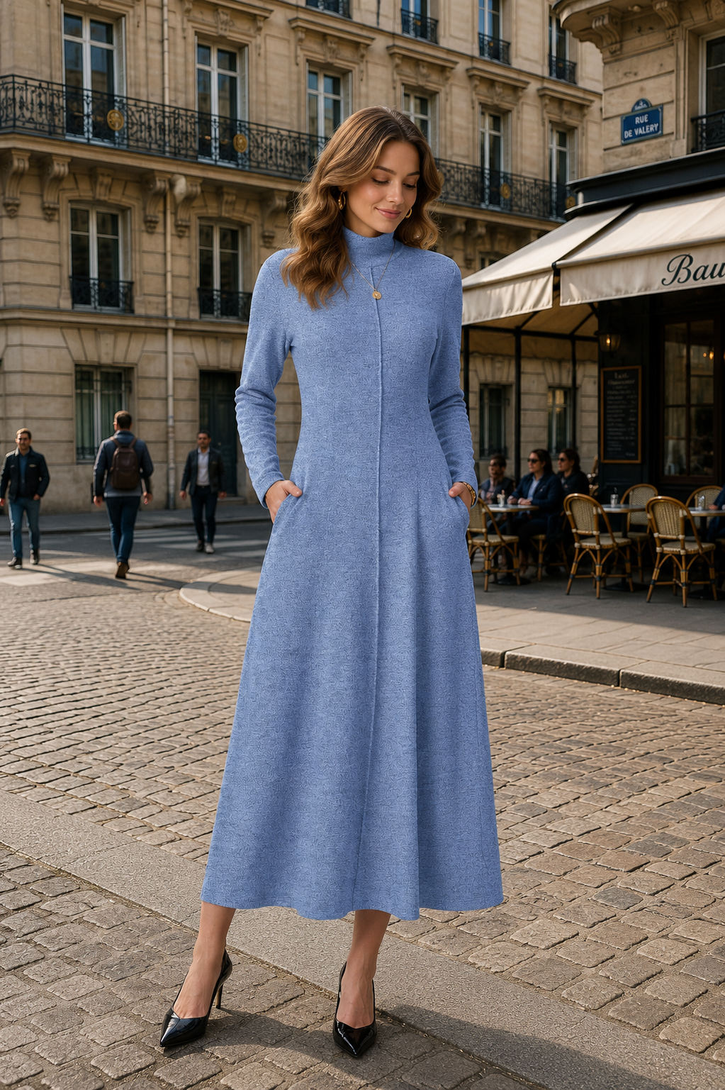 Women’s Long Sleeve Mock Neck Maxi Dress with Pockets – Casual A-Line Fall Dress, Soft Stretchy Ankle-Length Dress for Work