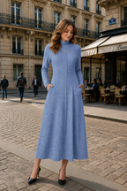 Women’s Long Sleeve Mock Neck Maxi Dress with Pockets – Casual A-Line Fall Dress, Soft Stretchy Ankle-Length Dress for Work