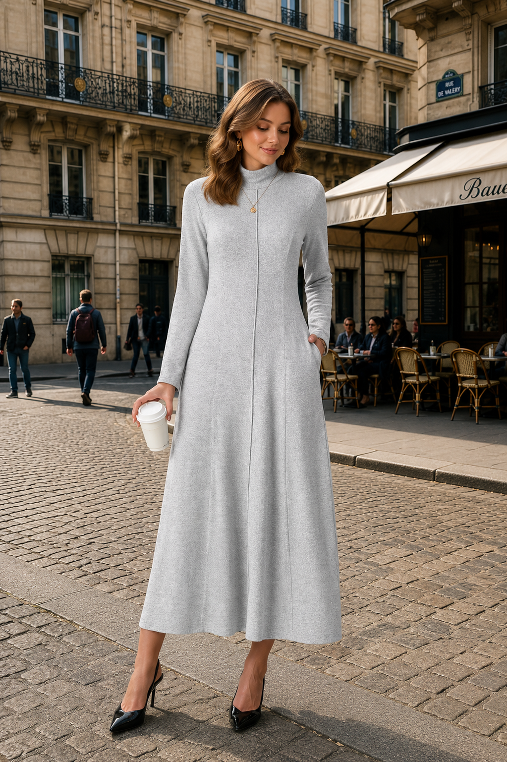 Women’s Long Sleeve Mock Neck Maxi Dress with Pockets – Casual A-Line Fall Dress, Soft Stretchy Ankle-Length Dress for Work