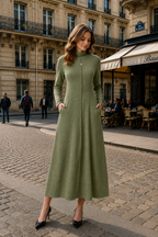 Women’s Long Sleeve Mock Neck Maxi Dress with Pockets – Casual A-Line Fall Dress, Soft Stretchy Ankle-Length Dress for Work