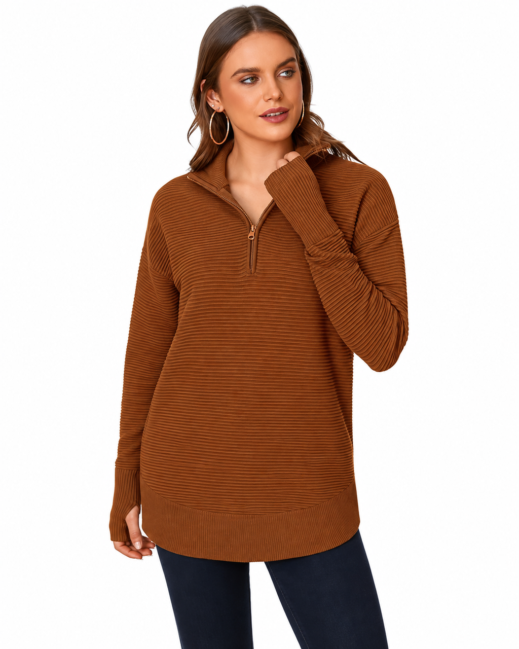 Women's Ribbed Knit Quarter-Zip Pullover Sweater